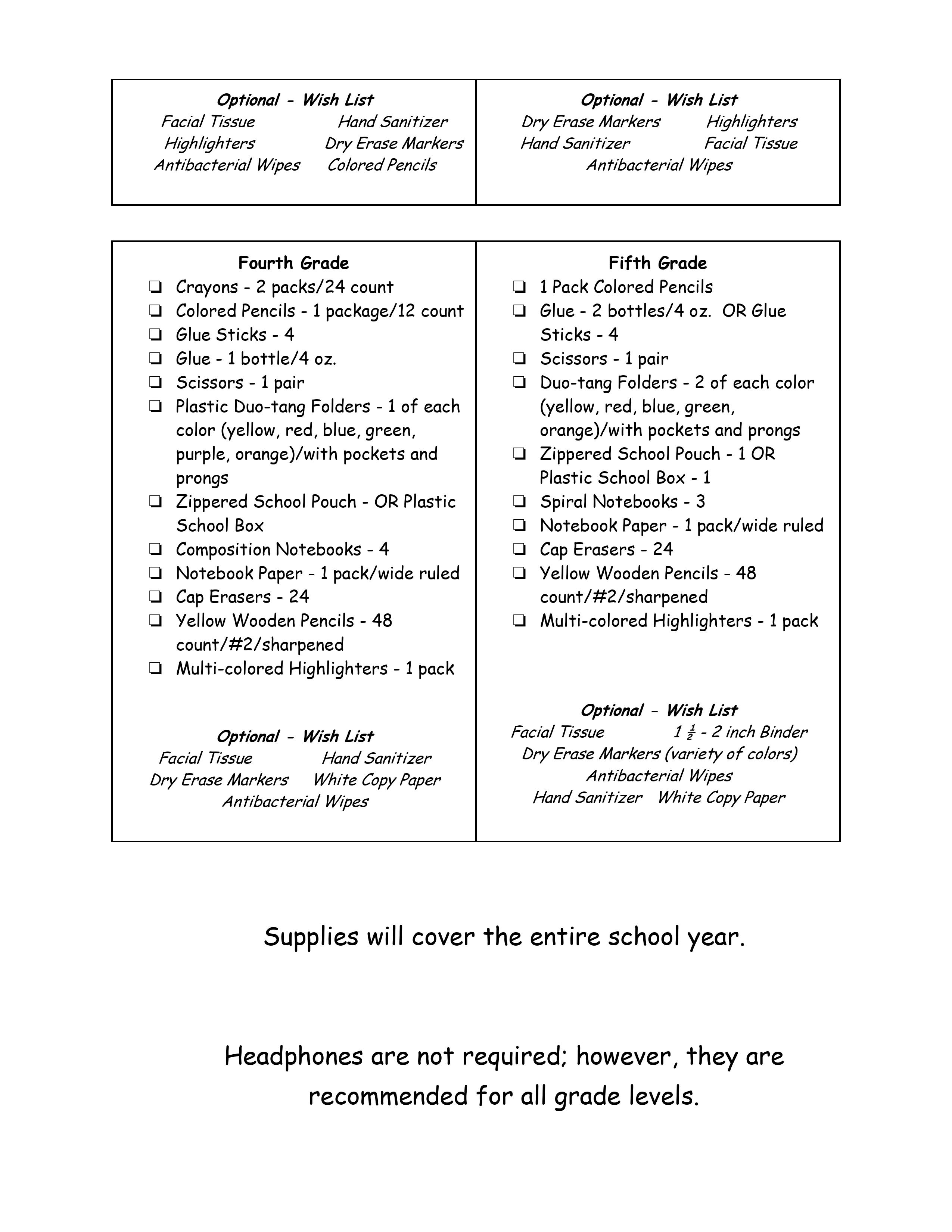 School Supply List Grades 4-5